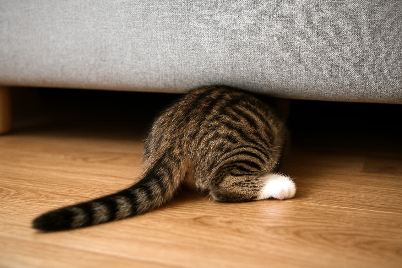 ソファの下に頭と前半身を隠し、後ろ足としっぽだけが見えている縞模様の子猫。木の床の上で探検している様子