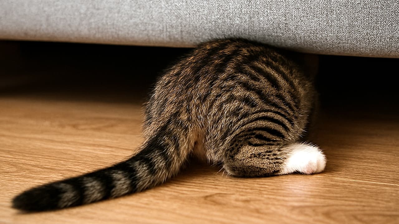 ソファの下に頭と前半身を隠し、後ろ足としっぽだけが見えている縞模様の子猫。木の床の上で探検している様子