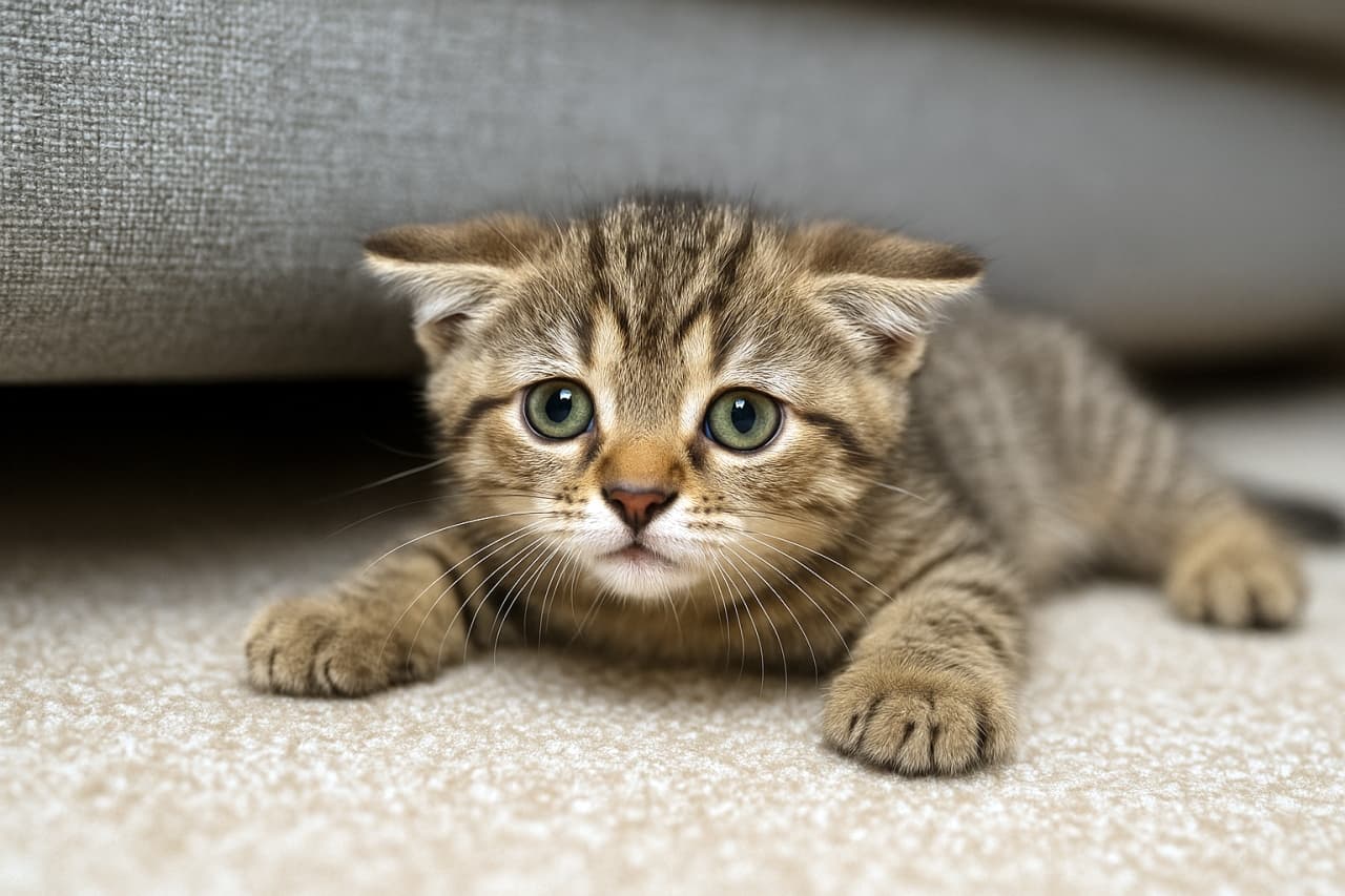 A tabby kitten lying on a carpet with front paws extended, gazing curiously at the camera. 茶トラ柄の子猫がカーペットの上で前足を伸ばし、カメラを見つめている様子。好奇心に満ちた表情が印象的