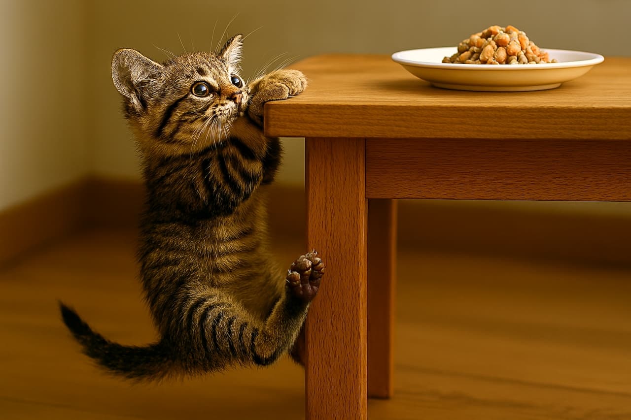 木製テーブルの縁に前足をひっかけて必死に登ろうとする小さなキジトラ子猫。後ろ足は宙に浮き、目はごちそうを見つめている