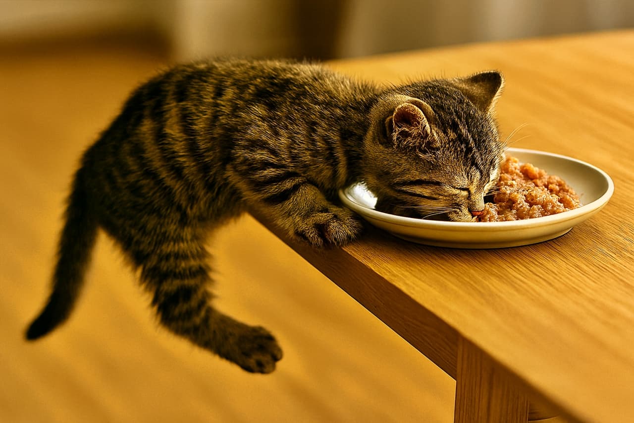 テーブルの上に登った子猫が、キャットフードの乗った皿に顔をうずめて豪快に食べている様子。前足で皿の縁を押さえながら、目を閉じて夢中で食べる姿が印象的。背景は室内の木製フロアで、自然光が温かく差し込んでいる