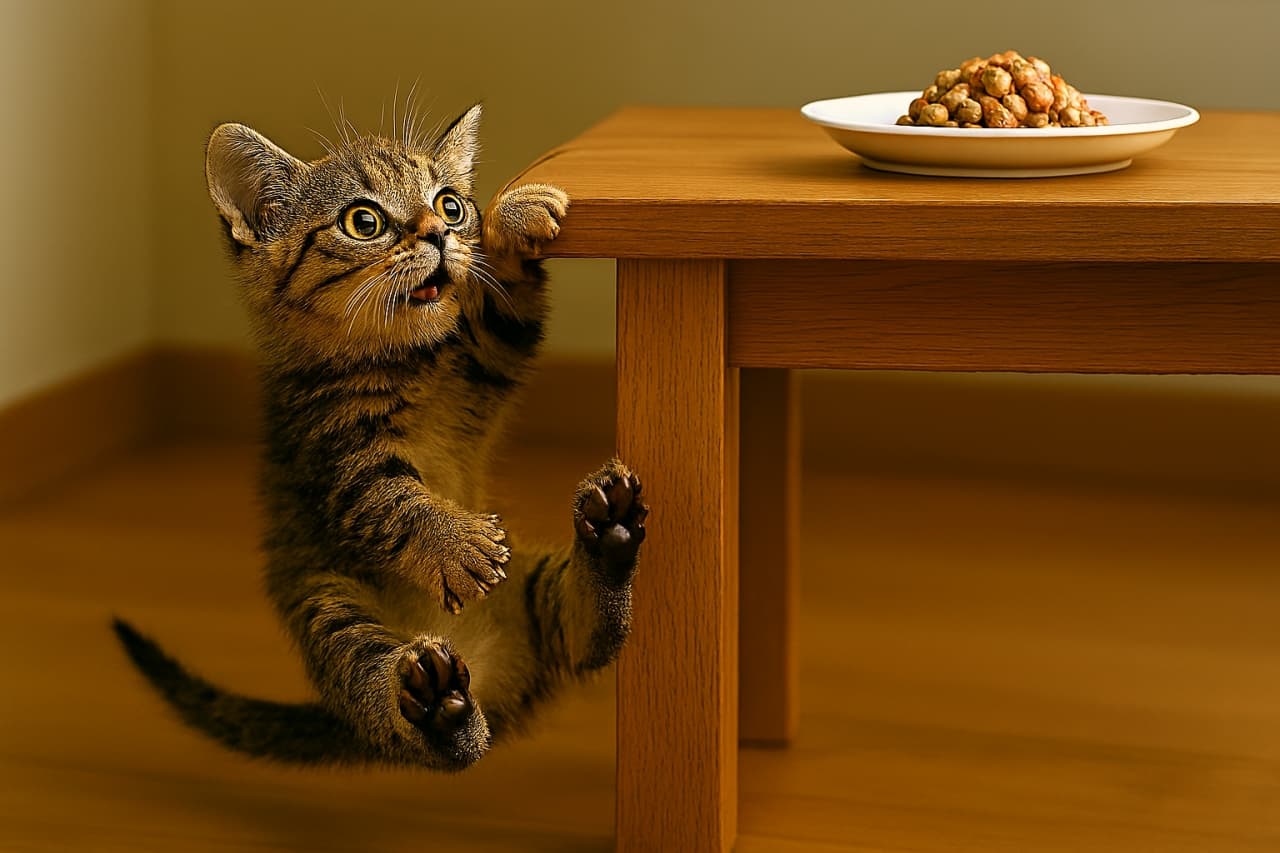 前足が外れ、宙に浮いた状態で落下する小さなキジトラ子猫。驚いた表情と伸びた足が、落下の瞬間をとらえている