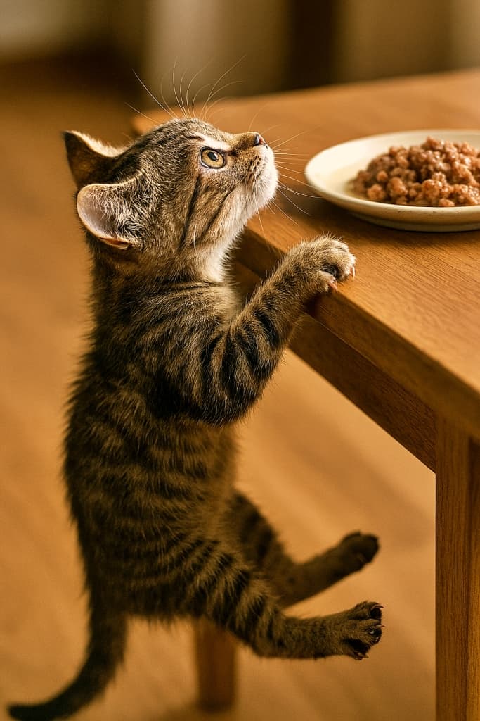 テーブルの端に前足でしがみつきながら、ぶら下がった状態でキャットフードを見つめる子猫。緊張した筋肉と真剣な表情が印象的な縦構図の写真。その視線の先には、憧れのごちそうが…！ 前足で必死に踏ん張り、体を持ち上げようとする姿は、まるで“挑戦する勇気”そのもの。 この一瞬に詰まった「努力」「希望」「食欲」のドラマを、ぜひ感じてください。