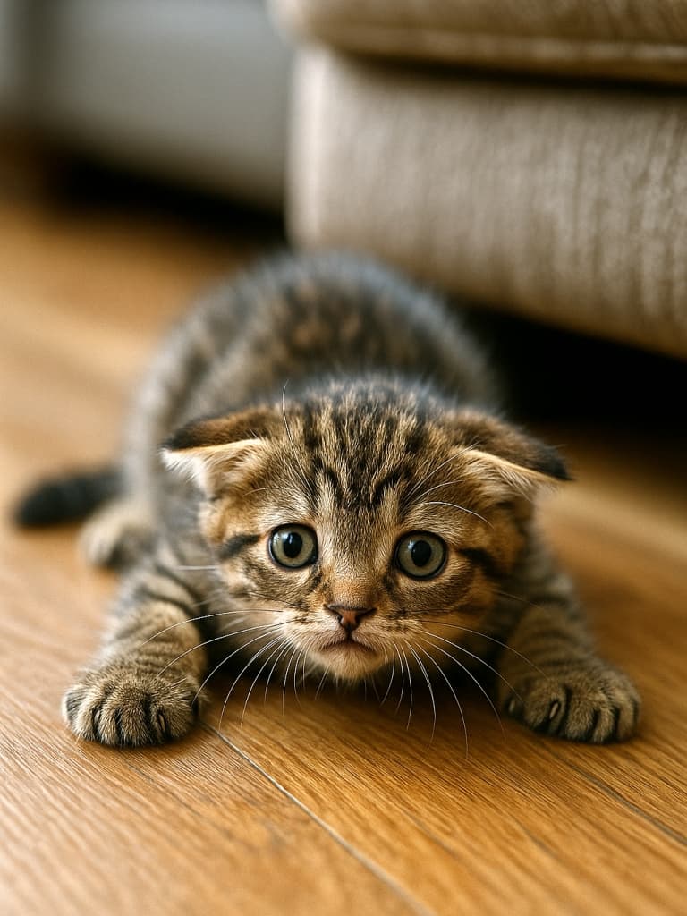 A tabby kitten lying on a wooden floor with paws stretched forward, looking playful and alert. 木の床に横たわる茶トラ柄の子猫。前足を伸ばし、遊びや飛びかかりの前のようにカメラを見つめている