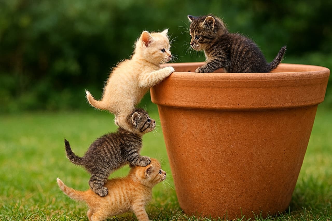 4匹のマイクロ子猫が背中に乗り合い、花鉢の縁を目指してよじ登る様子。オレンジ、グレー、クリーム、ダークブラウンの毛色が並び、庭の緑を背景にした協力シーン