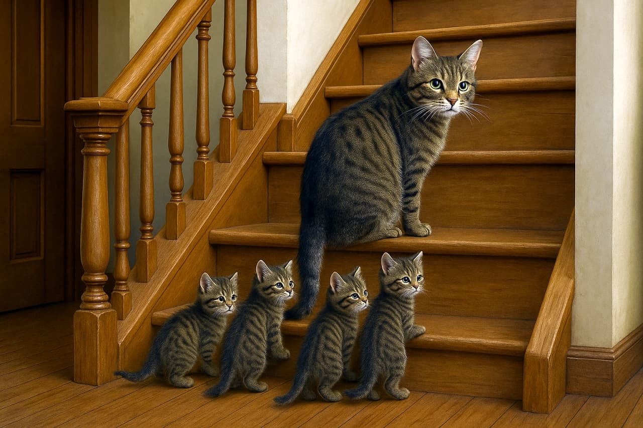 A tabby mother cat sits on a wooden staircase while four tabby kittens gather below, all gazing in the same direction in a warm indoor setting. 木製の階段に座る成猫のキジトラと、その下の段に並ぶ4匹の子猫。全員が同じ方向を見つめ、家族のような温かい雰囲気を感じさせる室内の一場面