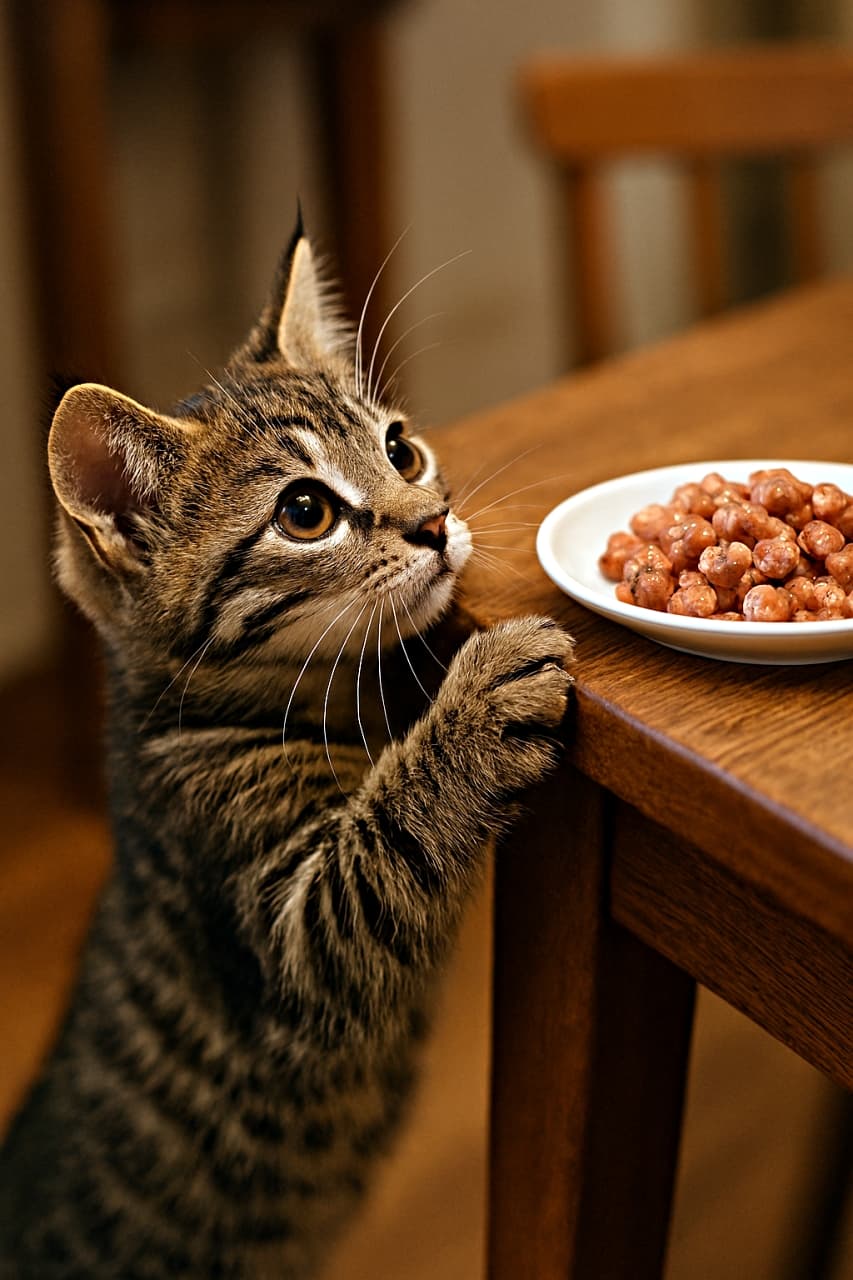 テーブルの端に前足でしがみつきながら、ぶら下がった状態でキャットフードを見つめる子猫。緊張した筋肉と真剣な表情が印象的な縦構図の写真。その視線の先には、憧れのごちそうが…！ 前足で必死に踏ん張り、体を持ち上げようとする姿は、まるで“挑戦する勇気”そのもの。 この一瞬に詰まった「努力」「希望」「食欲」のドラマを、ぜひ感じてください。