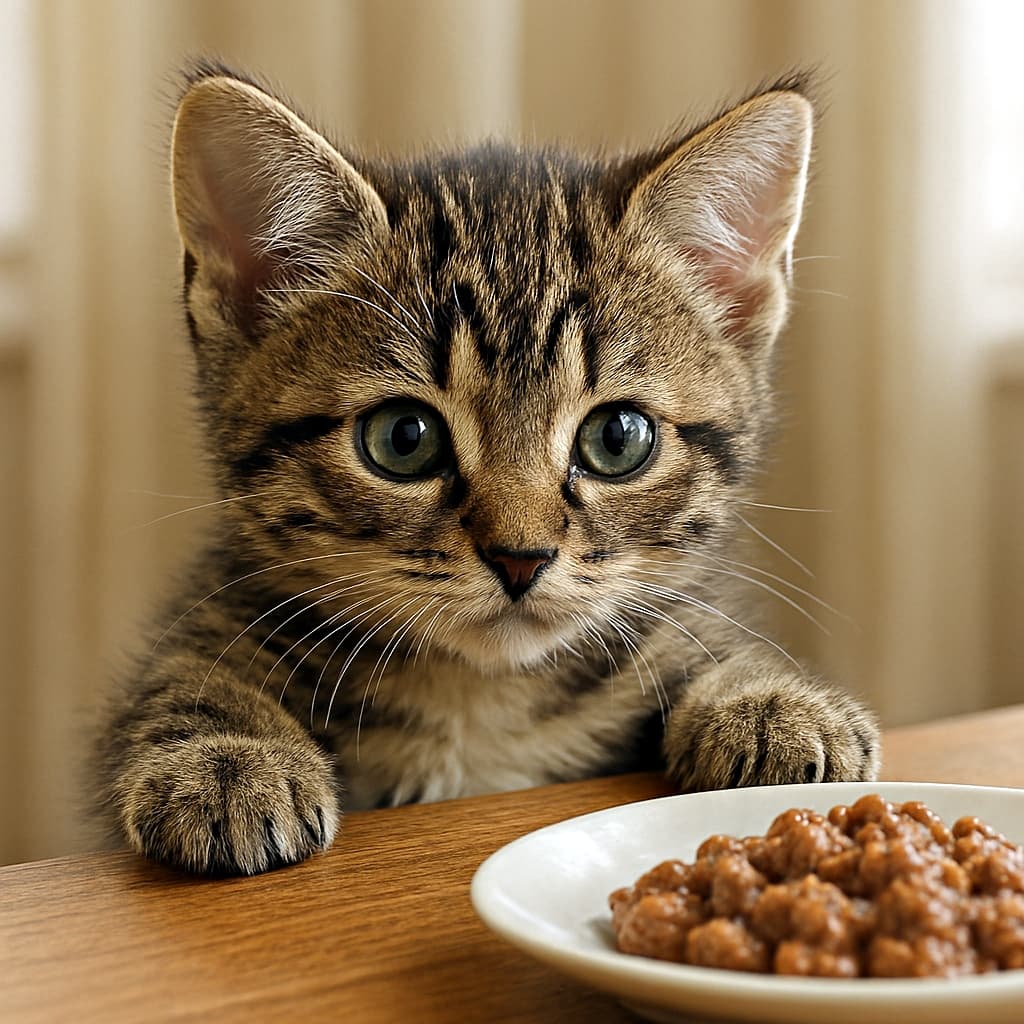 小さなキジトラの子猫が木のテーブルの縁に前足をかけてよじ登り、両方の耳がはっきり見える正面構図。青緑色の大きな瞳で、テーブルの上の白い皿に盛られたウェットフードをじっと見つめている。柔らかな自然光がカーテン越しに差し込み、温かみのある雰囲気。A small tabby kitten with blue‑green eyes climbs up the edge of a wooden table, both ears fully visible, gazing intently at a white plate of wet cat food in warm natural light.