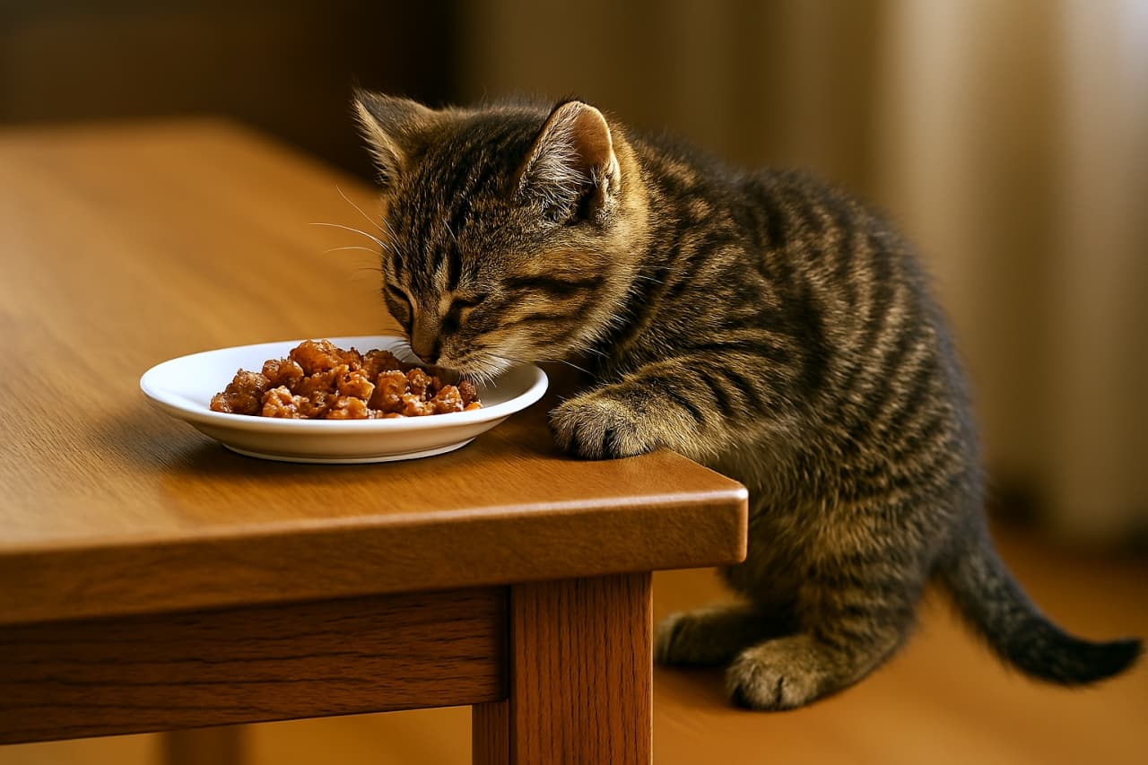 木製ダイニングテーブルの縁に前足を踏ん張り、白い皿のウェットキャットフードを食べる小さなキジトラ子猫。目を細めて満足そうに食べており、室内は暖かい自然光に包まれている