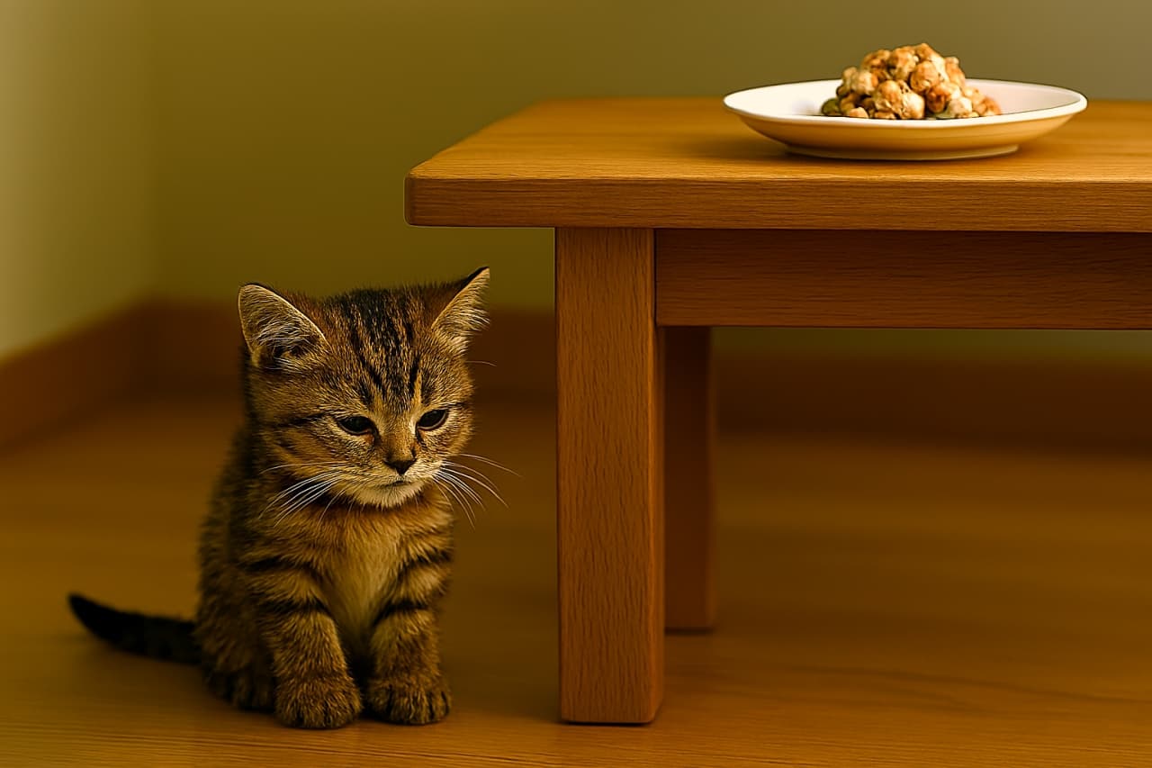 テーブルの下で座り込み、不機嫌そうに見上げる小さなキジトラ子猫。昨日とのギャップに戸惑っている様子が伝わる