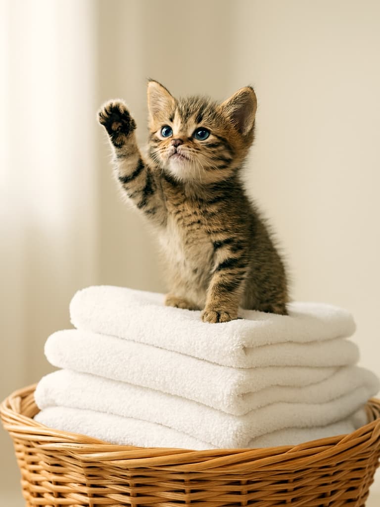 Over peaks of snowy towels, the tiny hero stands proud. A photorealistic image of a small tabby kitten triumphantly climbing a stack of clean white towels in a wicker laundry basket, bathed in soft natural light, bright and high resolution.