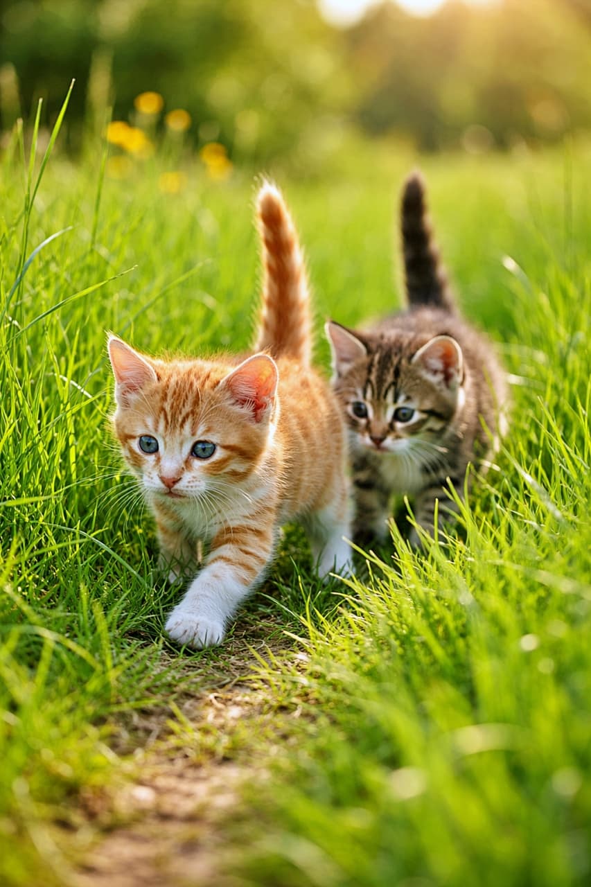 「草むら探検隊、出発。先頭についていくだけで、世界はちょっと広くなる」Two kittens under eight weeks old walking in a line through tall green grass in a sunny meadow, tails held high as they explore together. 生後8週未満の2匹の子猫が、日差しの差し込む草むらの中を尻尾を立てて一列で探検している様子