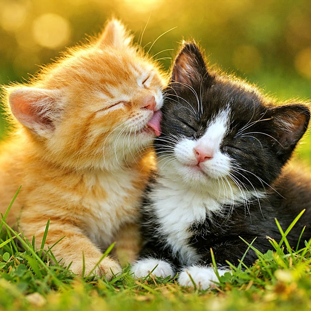 「耳をぺろり、至福のゴロゴロ時間。子猫同士の愛情表現は、見ている心までほどいてくれる」Two affectionate kittens, an orange kitten and a tuxedo kitten, grooming each other in warm sunlight on green grass. 暖かな光の中、芝生の上でオレンジの子猫がタキシード柄の子猫の耳を舐めて毛づくろいしている様子
