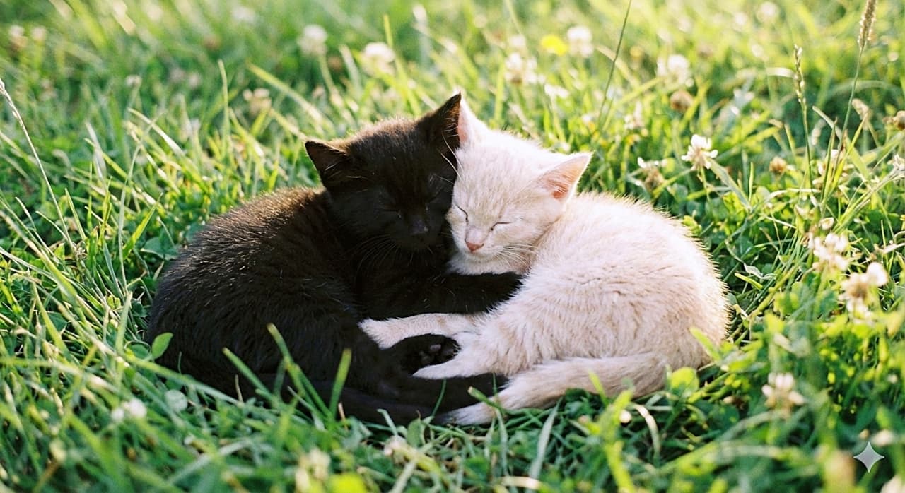 「草のベッドで黒猫ちゃんとクリームちゃんがスヤスヤ💤 ぴったりくっついて眠る姿は天使そのもの👼💕」A completely peaceful photo of two tiny kittens, one black and one cream, curled up together and fast asleep in a patch of soft green grass. Their bodies are touching closely, warmed by gentle sunlight in a serene outdoor setting. 柔らかい緑の草の中で、身を寄せてぐっすりと眠る黒猫とクリーム色の小さな子猫たち。温かい日差しを浴びながら、ぴったりとくっついて完全にリラックスしている平和で愛らしい写真