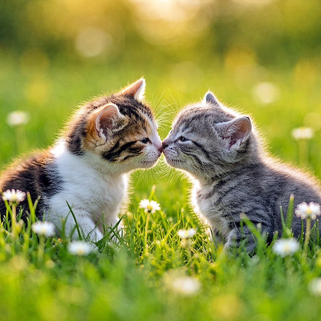 「午後の光の中、そっと鼻先でごあいさつ。草原に咲いた、子猫たちの小さな友情🐾」Two small kittens, a calico and a grey tabby, gently touching noses in green grass with small white wildflowers in warm afternoon light 緑の草原と白い小さな野花の中で、三毛猫とグレーのキジトラの子猫がそっと鼻を触れ合わせている様子