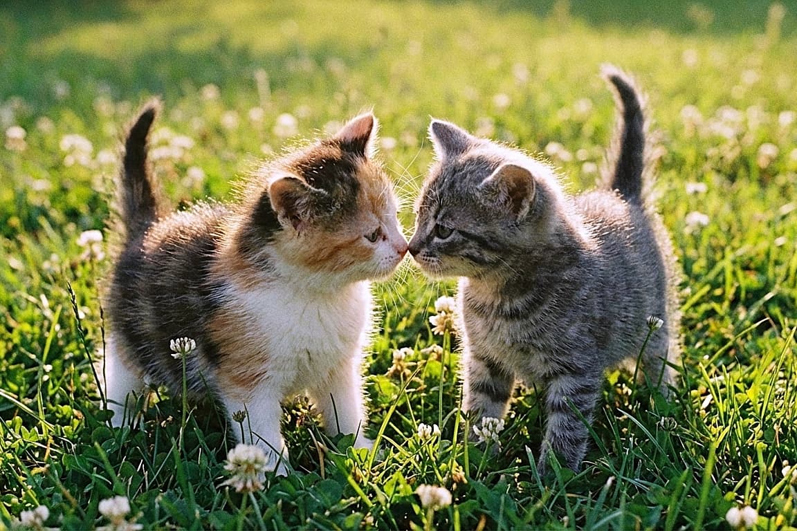 「お外でナイショの鼻キス😘✨ 夕日を浴びてキラキラ光る三毛ちゃんとサバトラちゃんが尊すぎる〜💕」A candid photo with a shallow depth of field showing two small kittens under 8 weeks old touching noses gently in a field of green grass and small white wildflowers. The calico kitten on the left and the grey tabby on the right have glowing fur from the warm afternoon backlight, and their tails are pointing straight up. 小さな白い野花が咲く緑の草地で、優しく鼻をくっつけ合う生後8週未満の小さな子猫たち。左の三毛猫と右のサバトラのフワフワの産毛が、午後の温かい逆光を浴びてキラキラと輝いている自然な写真