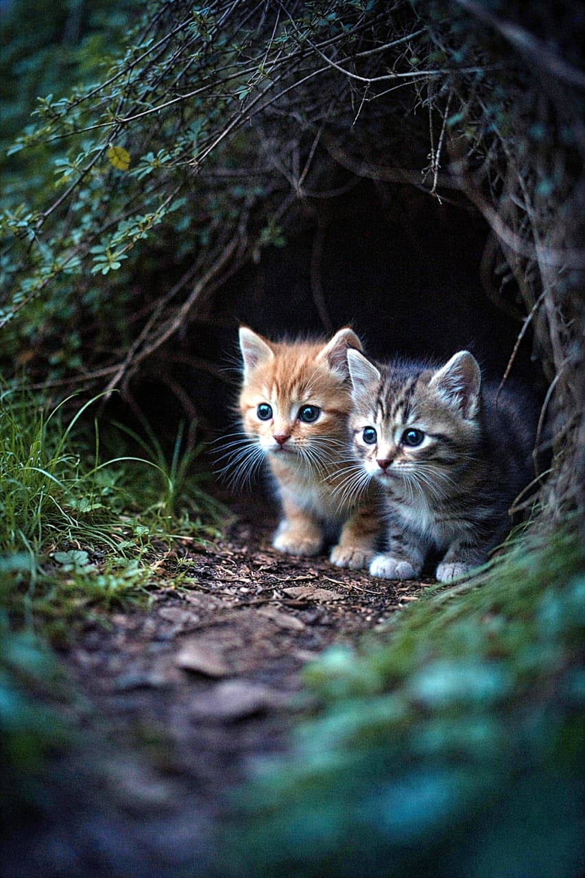 「こわい。でも気になる。ふたり一緒なら、ちょっとだけ勇気が出る夜のはじまり🐾」Two cautious kittens huddled together in a meadow, peering nervously into a dark patch of bushes with wide, curious eyes. 草地の中で2匹の子猫が身を寄せ合い、暗い茂みの奥を不安と好奇心の入り混じった表情で見つめている