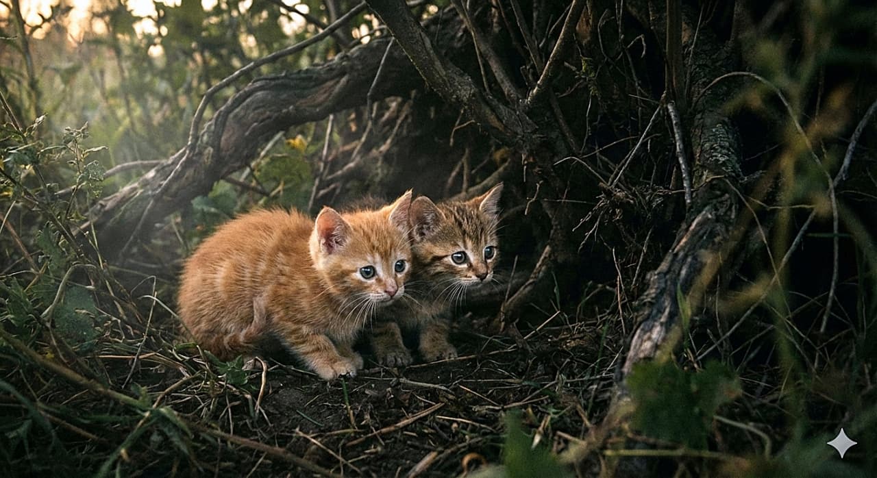 「ドキドキの冒険へ出発！🌳💦 暗い茂みを前に、ぴったりくっついて恐る恐る覗き込む子猫たちが愛おしい🐾💕」An atmospheric, low-light photograph of two cautious kittens, under 8 weeks old, huddled closely together. An orange tabby kitten and a brown tabby kitten are peering into a dark patch of dense bushes and tangled tree roots, their eyes wide with a mix of curiosity and a little fear. 薄暗く雰囲気のある自然光の中で、ぴったりと寄り添う生後8週未満の2匹の警戒した子猫の写真。茶トラとキジトラの子猫が、好奇心と少しの怖さが入り混じったまん丸の目で、入り組んだ木の根や茂みの暗がりを覗き込んでいる