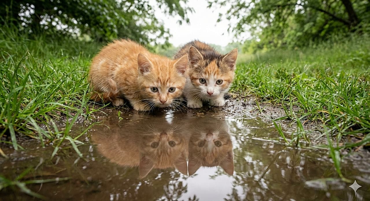 「水たまりの中に誰かいるニャ？🐱💧 水鏡に映る自分たちの姿を不思議そうに覗き込む姿がたまらない✨」A natural light photograph of two curious kittens, under 8 weeks old, looking down into a small puddle of water on a wet grassy path. The orange tabby kitten on the left and the calico kitten on the right are staring intently at their own clear reflections visible in the puddle. 濡れた草が生えた道にある小さな水たまりを覗き込む、生後8週未満の2匹の好奇心旺盛な子猫の自然光写真。左の茶トラの子猫と右の三毛猫が、水鏡のようにはっきりと映る自分たちの姿をじっと不思議そうに見つめている