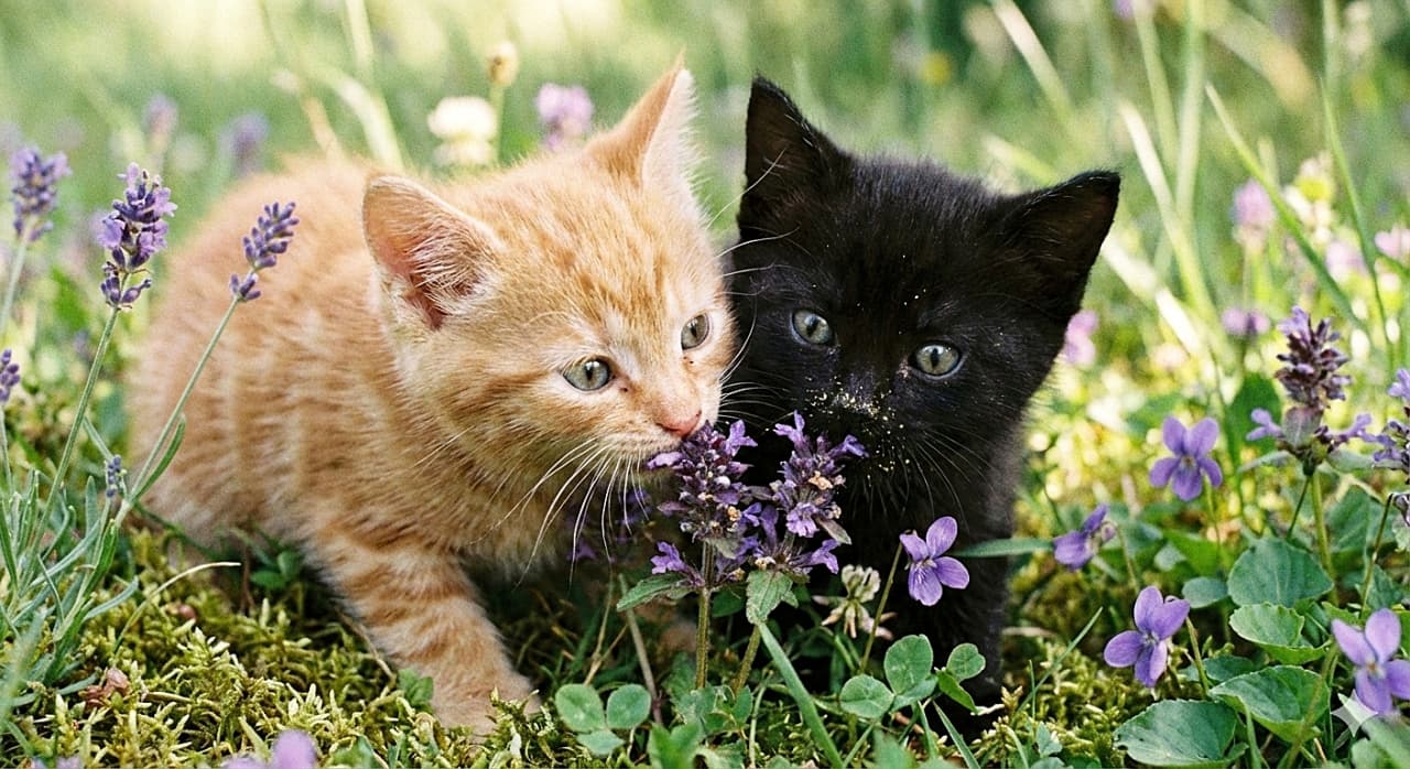 「紫のお花、どんな匂い？🌸 お鼻に花粉をつけながら、夢中でお花をクンクンする子猫たちがたまらない🐾💕」A close-up photograph in soft natural light of two curious kittens, under 8 weeks old, in a green meadow. An orange tabby kitten and a black kitten, which has yellow pollen dusted on its nose, are burying their faces in a small cluster of purple wildflowers to smell them. 柔らかな自然光に包まれた緑の草地で、紫色の野花の小さな房に顔をうずめて匂いを嗅ぐ、生後8週未満の2匹の好奇心旺盛な子猫のクローズアップ写真。左の茶トラの子猫と、鼻先に黄色い花粉をつけた右の黒猫が夢中でお花を観察している
