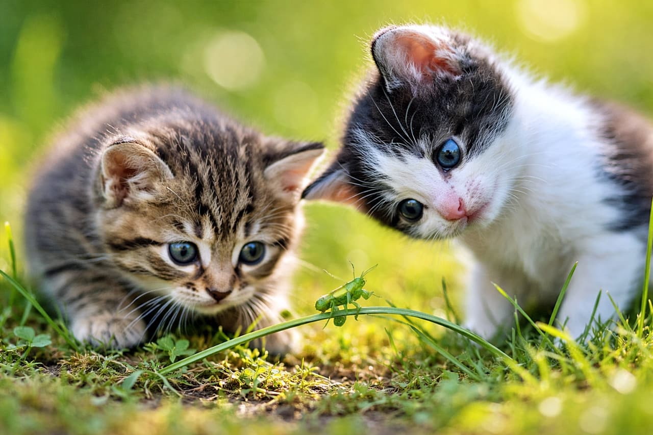 「「なにこれ!?」初めて見るバッタに、子猫たちの好奇心が全開。跳ぶ？来る？空気が止まる一瞬」Two kittens under eight weeks old carefully watching a small green grasshopper on a blade of grass in soft natural light. 生後8週未満の2匹の子猫が、草の上の小さなバッタをじっと見つめている自然光の写真