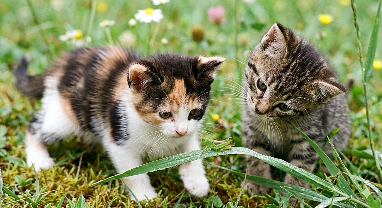 「草の上のバッタさんを発見！🦗✨ 身を乗り出す三毛ちゃんと首をかしげるキジトラちゃん、好奇心いっぱいで可愛すぎる〜💕」A macro photograph in natural light of two curious kittens, under 8 weeks old, staring intently at a small green grasshopper perched on a blade of grass. The calico kitten on the left is crouching and looking closely, while the tabby kitten on the right tilts its head in fascination. 自然光の中で撮影されたマクロ写真。草の葉に止まった小さな緑色のバッタを、生後8週未満の2匹の子猫が興味津々に見つめている。左の三毛猫は身を乗り出して観察し、右のキジトラの子猫は不思議そうに首をかしげている