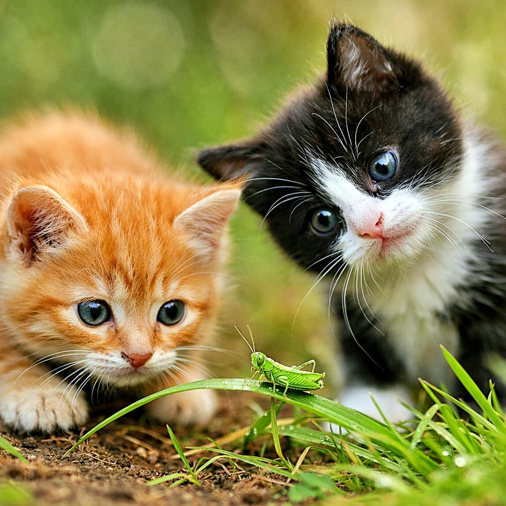 「はじめての獲物！？バッタに全集中の子猫コンビが尊すぎる瞬間🐾」Two curious kittens under eight weeks old stare closely at a small green grasshopper perched on a blade of grass. One kitten crouches as if ready to pounce while the other tilts its head, captured in soft natural light macro photography.　生後8週未満の2匹の好奇心旺盛な子猫が、草の葉にとまった小さな緑色のバッタをじっと見つめている。1匹は飛びかかる姿勢でしゃがみ、もう1匹は首をかしげている様子を自然光のマクロ撮影で捉えた写真