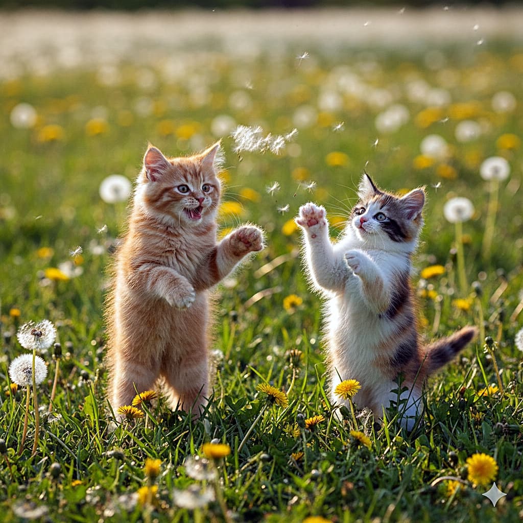 「お口を大きく開けて「つかまえるニャー！」😸 綿毛に夢中ではしゃぐ子猫たちの元気いっぱいな一枚✨」A natural light action shot of two fluffy, under-8-weeks-old kittens playfully chasing dandelion fluff in a sunny, green meadow. The ginger kitten on the left is standing on its hind legs with its mouth wide open in excitement, while the calico kitten on the right reaches up with its paws. 緑のタンポポ畑で、宙を舞う綿毛を追いかける生後8週未満の2匹の子猫の自然なアクション写真。左側の茶トラの子猫は興奮したように口を大きく開けて立ち上がり、右側の三毛猫も前足を伸ばしてフワフワの綿毛に手を伸ばしている