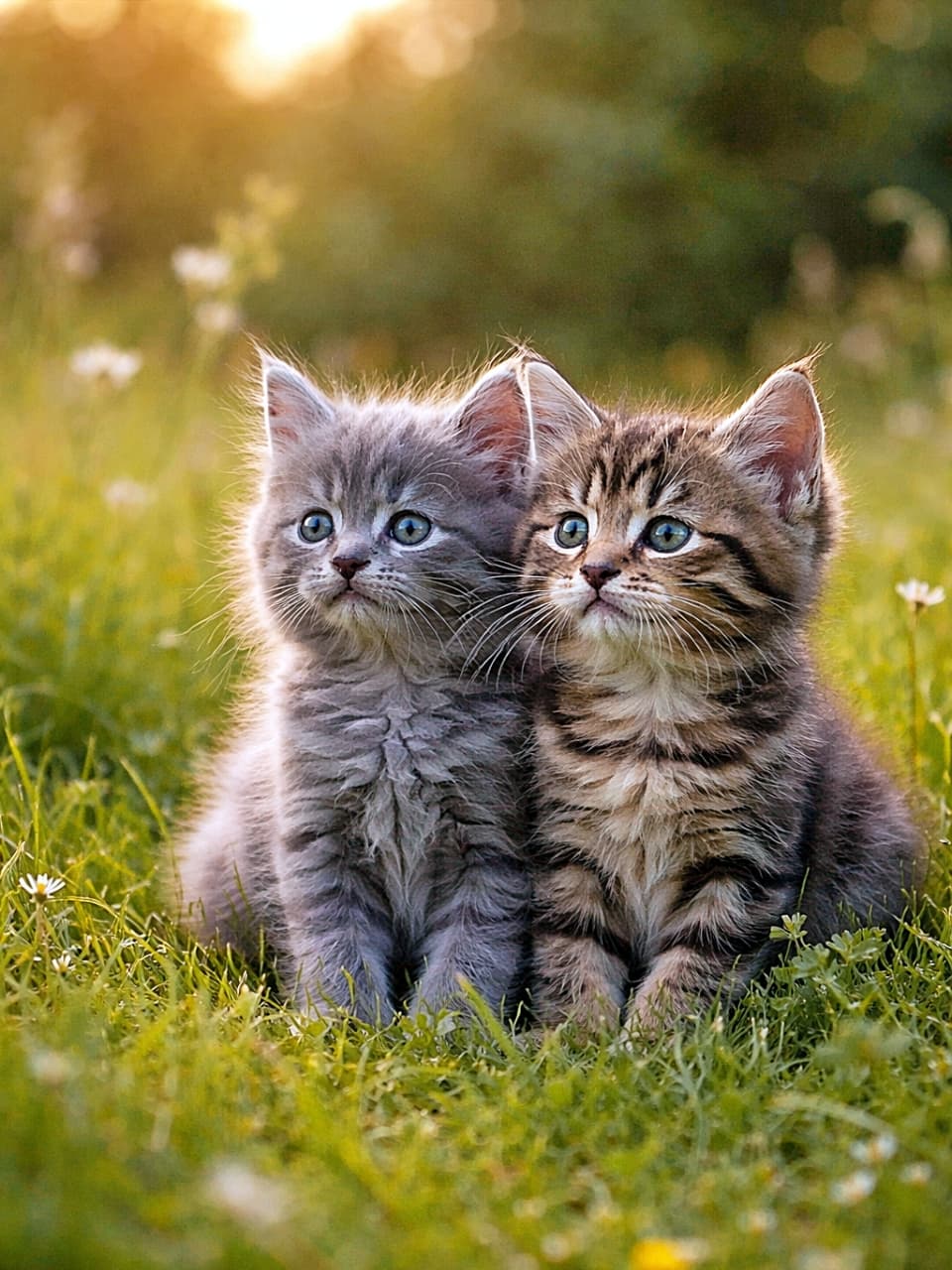 「並んで、同じ方向を見る。理由はわからないけど、たぶん大事な何か。草原に並ぶ、ちいさな背中」Two kittens under eight weeks old, one grey and one tabby, sitting side by side in a green meadow, their bodies touching as they gaze into the distance in soft evening light. 生後8週未満のグレーの子猫とキジトラの子猫が、夕方のやわらかな光の中、草原で体を寄せ合い遠くを見つめて座っている様子