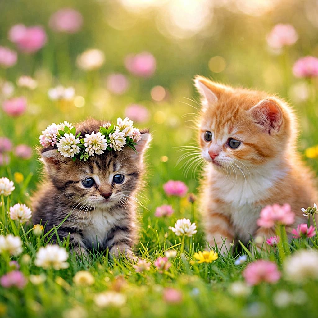「気づいたら即席の花冠。戸惑う本人と、もっと戸惑う相棒。草原は今日も平和です」Two tiny kittens in a flower-filled meadow, one wearing a small clover flower crown on its head while the other looks at it with a puzzled expression in soft, whimsical light. 花が咲く草原で、クローバーの花冠が頭に引っかかった子猫と、不思議そうに見つめるもう一匹の子猫。やわらかな光の情景