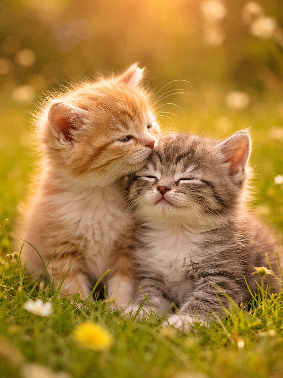「おでこに、ちいさな「だいすき」。言葉はいらない、子猫たちのやさしい合図🐾」Two kittens under eight weeks old share a tender moment in a grassy meadow, one gently kissing the other’s forehead as it rests with eyes closed in warm light. 草原の中で、生後8週未満の子猫2匹が寄り添い、1匹がもう1匹のおでこにそっとキスをしている。受ける子猫は目を閉じ、穏やかな表情をしている