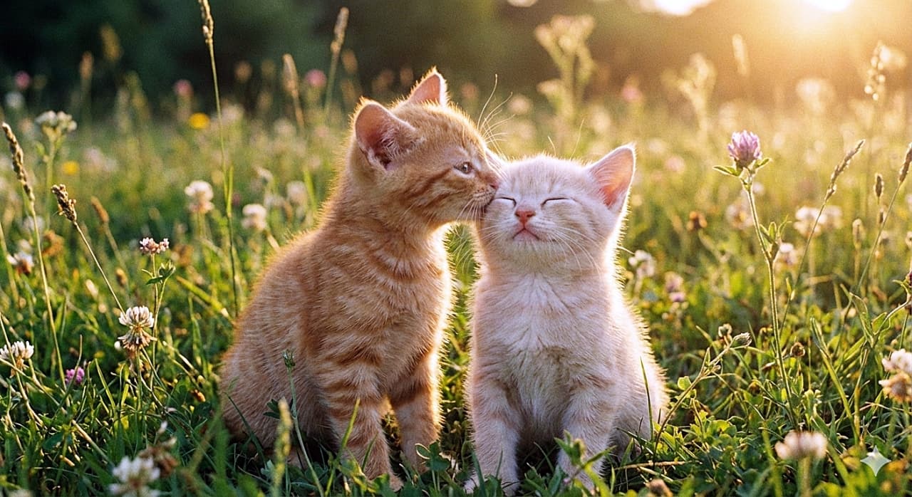 「大好きのチュッ💕 草原の中で優しくおでこにキスされる子猫ちゃん。幸せそうなウットリ顔にキュン✨」A warm, affectionate photograph of two kittens, under 8 weeks old, in a sunlit grassy meadow with small flowers. The orange tabby kitten on the left is gently kissing the forehead or side of the face of the lighter cream-colored kitten on the right, who has its eyes closed contentedly. 草花が咲く夕暮れ時の草原にいる、生後8週未満の2匹の子猫の温かみのある愛情深い写真。左の茶トラの子猫が、右の薄いクリーム色の子猫のおでこ付近に優しくキスをしており、キスされている子猫はウットリと目を閉じて幸せそうにしている