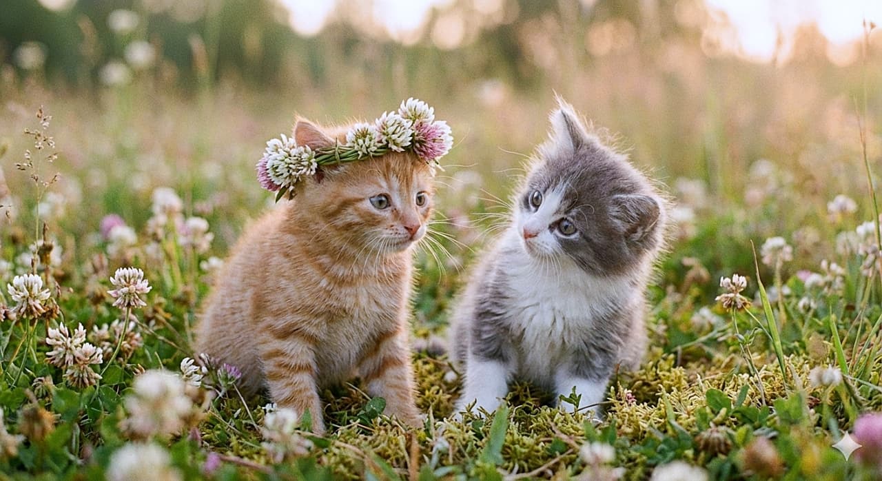 「シロツメクサの冠でオシャレした茶トラちゃん👑✨ 「それなぁに？」と不思議そうに見つめる相棒がキュート💕」A whimsical photo in soft light of two tiny kittens under 8 weeks old in a flower-filled meadow. The orange tabby kitten on the left is wearing a small crown made of clover flowers, while the grey and white kitten on the right looks at it with a gently puzzled expression. 柔らかい光に包まれたお花畑にいる、生後8週未満の2匹の小さな子猫のファンタジックな写真。左の茶トラの子猫の頭にはシロツメクサでできた小さな花冠が乗っており、右の灰白の子猫がそれを不思議そうに首をかしげて見つめている