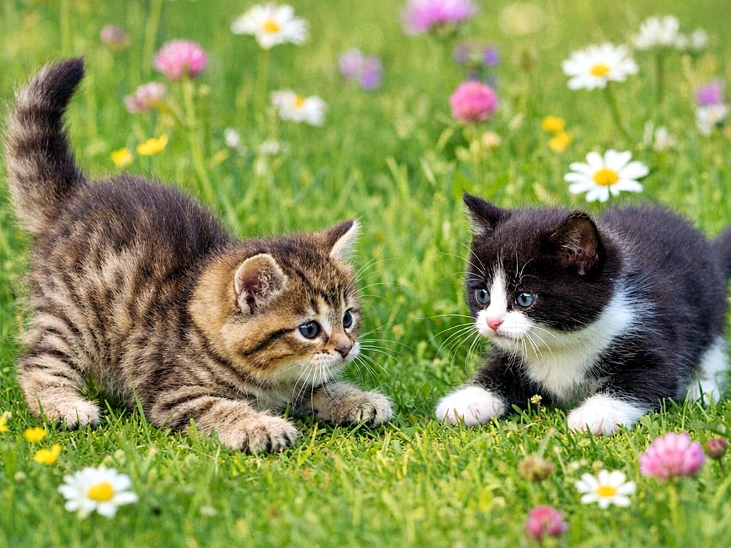 「見つめ合う沈黙、次はどっちが動く？草原に流れる、遊び前の一瞬🐾」Two kittens under eight weeks old face each other in green grass and wildflowers. Both are crouched low, watching one another closely, just before starting to play. 生後8週未満の2匹の子猫が、草原と野花の中で向かい合い、低い姿勢で互いを見つめている。遊びが始まる直前の瞬間