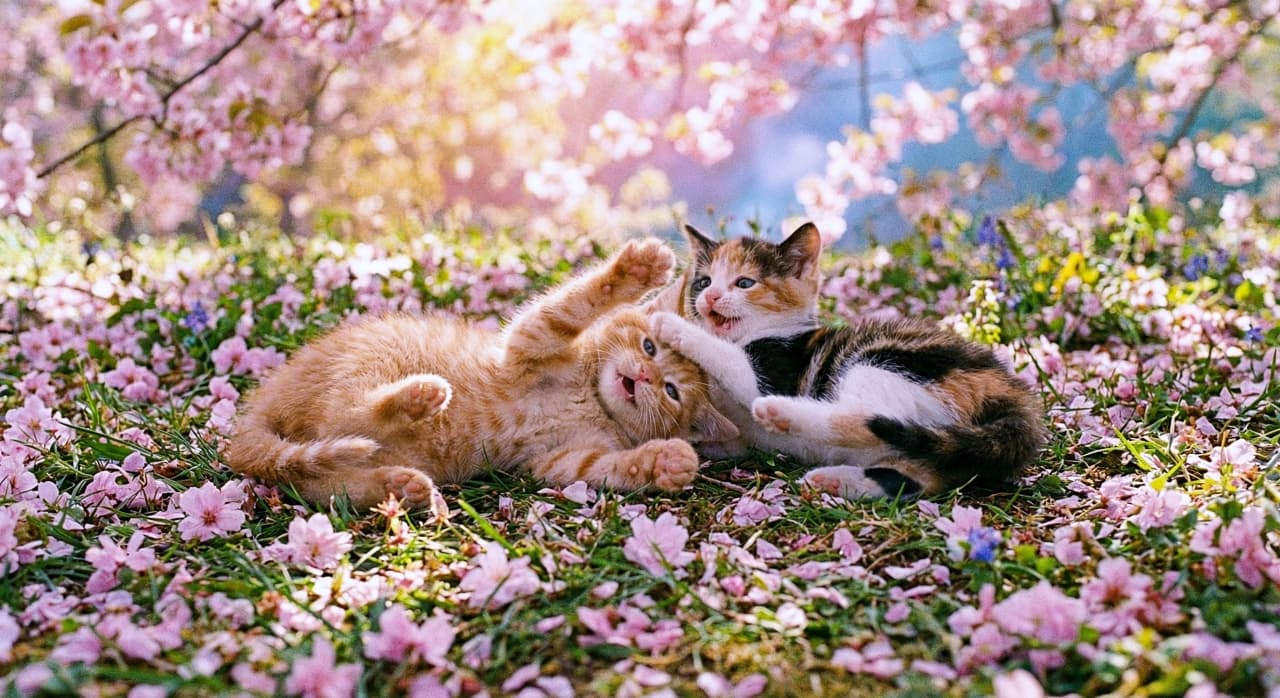 「桜の下でハッケヨイ！茶トラと三毛のわんぱく相撲。春の木漏れ日に包まれて、元気いっぱいニャ♡」Two playful kittens, an orange tabby and a calico, wrestling happily on a grassy patch covered in pink cherry blossom petals. The scene is set under blooming trees with soft dappled sunlight filtering through. 満開の桜の木の下で、芝生に散ったピンクの花びらの上でじゃれ合ってレスリングをしている茶トラと三毛の子猫。木漏れ日が差し込む春の穏やかな風景