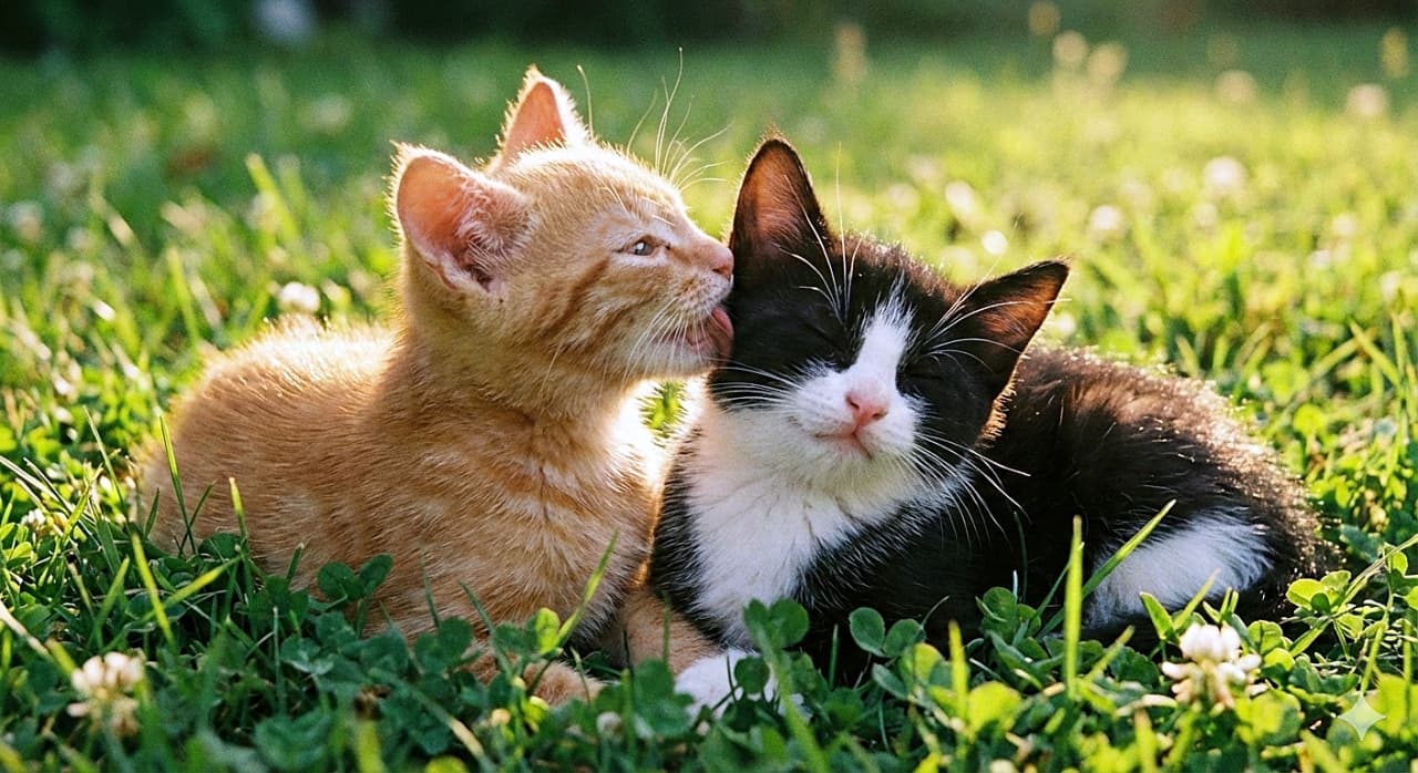 「大好きなキミをペロペロ毛づくろい👅✨ ウットリお顔のハチワレちゃんと茶トラちゃんの絆に心ぽかぽか💕」A warm, close-up shot of two affectionate kittens, under 8 weeks old, in a sunlit grassy spot. The orange kitten on the left is gently licking the side of the face of the black-and-white tuxedo kitten on the right, who has its eyes closed in pure contentment as if purring. 温かい日差しが差し込む緑の草むらで、愛情深く毛づくろいをする生後8週未満の2匹の子猫のクローズアップ写真。左の茶トラの子猫が右のハチワレ（タキシード柄）の子猫の顔の横を優しく舐めており、舐められている子猫は喉を鳴らすように目を閉じてとても気持ちよさそうにしている