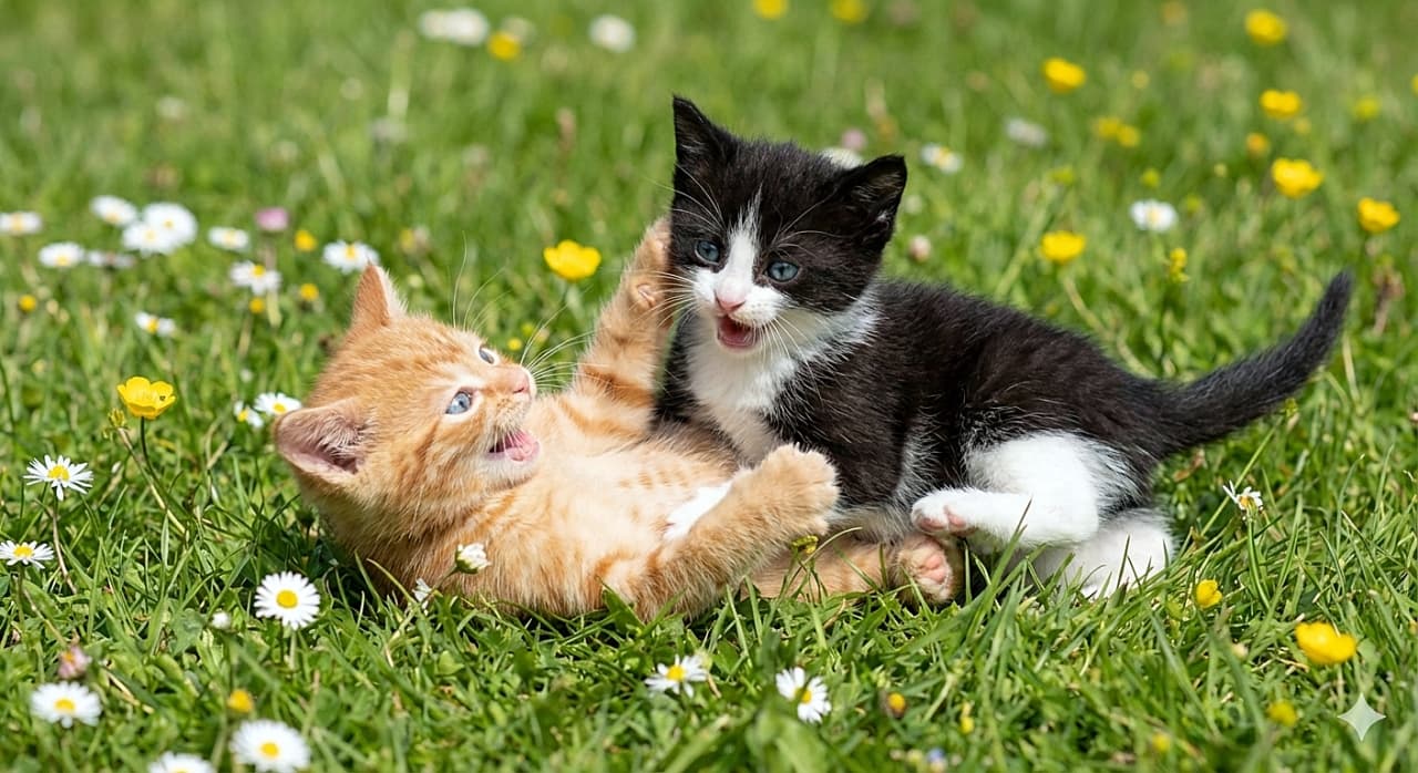 「「それ〜っ！」お花畑のど真ん中で元気いっぱいにプロレスごっこ🌼 楽しそうなお口が可愛すぎる🐾💕」A joyful action photograph of two playful kittens, under 8 weeks old, wrestling in the center of a green meadow dotted with white and yellow flowers. The orange tabby kitten is rolling on its back with its mouth open in mid-meow, while the black and white tuxedo kitten playfully pounces on it, their paws tangled together. 白や黄色の小さな花が咲く緑の草原の真ん中で、楽しそうにプロレスごっこをする生後8週未満の2匹の子猫のアクション写真。茶トラの子猫が口を大きく開けて仰向けに転がり、その上に黒白のハチワレの子猫がじゃれつき、お互いの前足が絡み合っているハッピーな光景