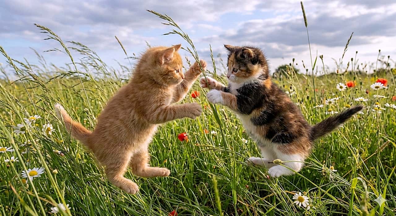 「風に揺れる草をつかまえろ〜🌿💨 立ち上がって一生懸命に手を伸ばす茶トラちゃんと三毛ちゃんが元気いっぱい🐾✨」A natural light photograph of two playful kittens, under 8 weeks old, in a windy meadow filled with white and red wildflowers. An orange tabby kitten on the left and a calico kitten on the right are standing on their hind legs, reaching out with their front paws to bat at tall blades of grass swaying in the wind. 白や赤の野花が咲く風の吹く草原で、生後8週未満の2匹のやんちゃな子猫が遊んでいる自然光の写真。左の茶トラの子猫と右の三毛猫が後ろ足で立ち上がり、前足をいっぱいに伸ばして風に揺れる背の高い草にじゃれついている