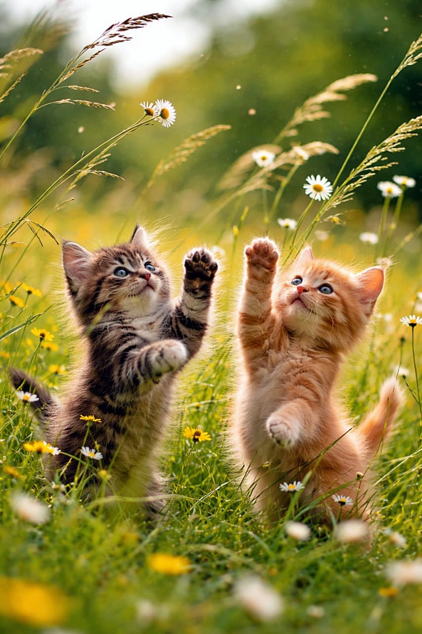 「風と遊ぶ天才たち。揺れる草も花も、全部おもちゃになる子猫の午後🐾」Two playful kittens under eight weeks old jump and reach for tall grass and wildflowers swaying in the wind in a sunny meadow. 風に揺れる草花にじゃれつき、跳ねながら手を伸ばす生後8週未満の2匹の子猫が草原で遊んでいる様子
