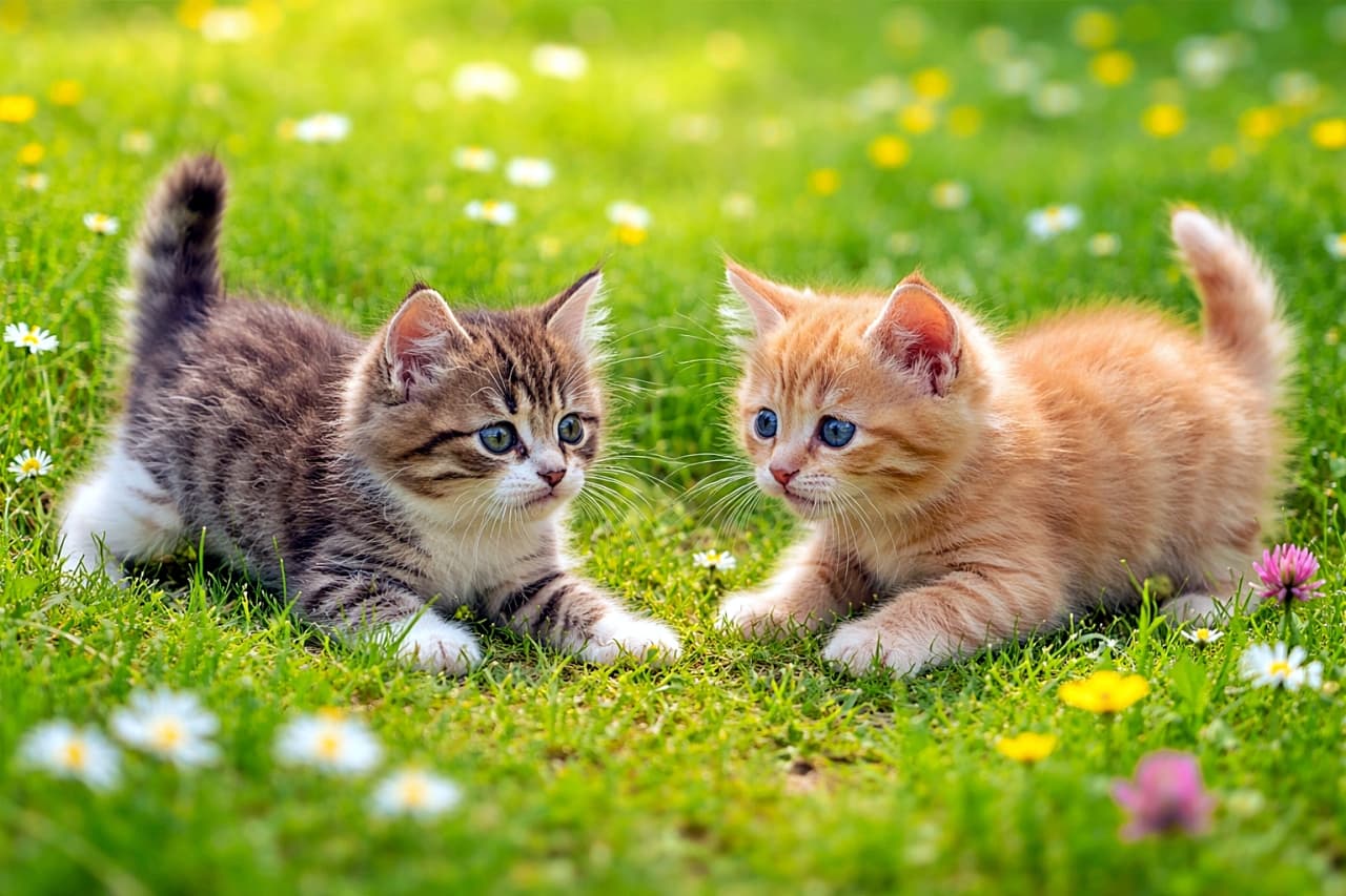 「遊ぼうよ！の合図に、今にもジャンプ。草原は今日も子猫の遊び場です🐾」Two kittens under eight weeks old play in green grass and wildflowers, one in a play-bow posture while the other looks back, ready to pounce. 生後8週未満の2匹の子猫が、草原と野花の中で遊んでいる。一匹はプレイバウの姿勢で誘い、もう一匹は振り返って飛びかかる準備をしている