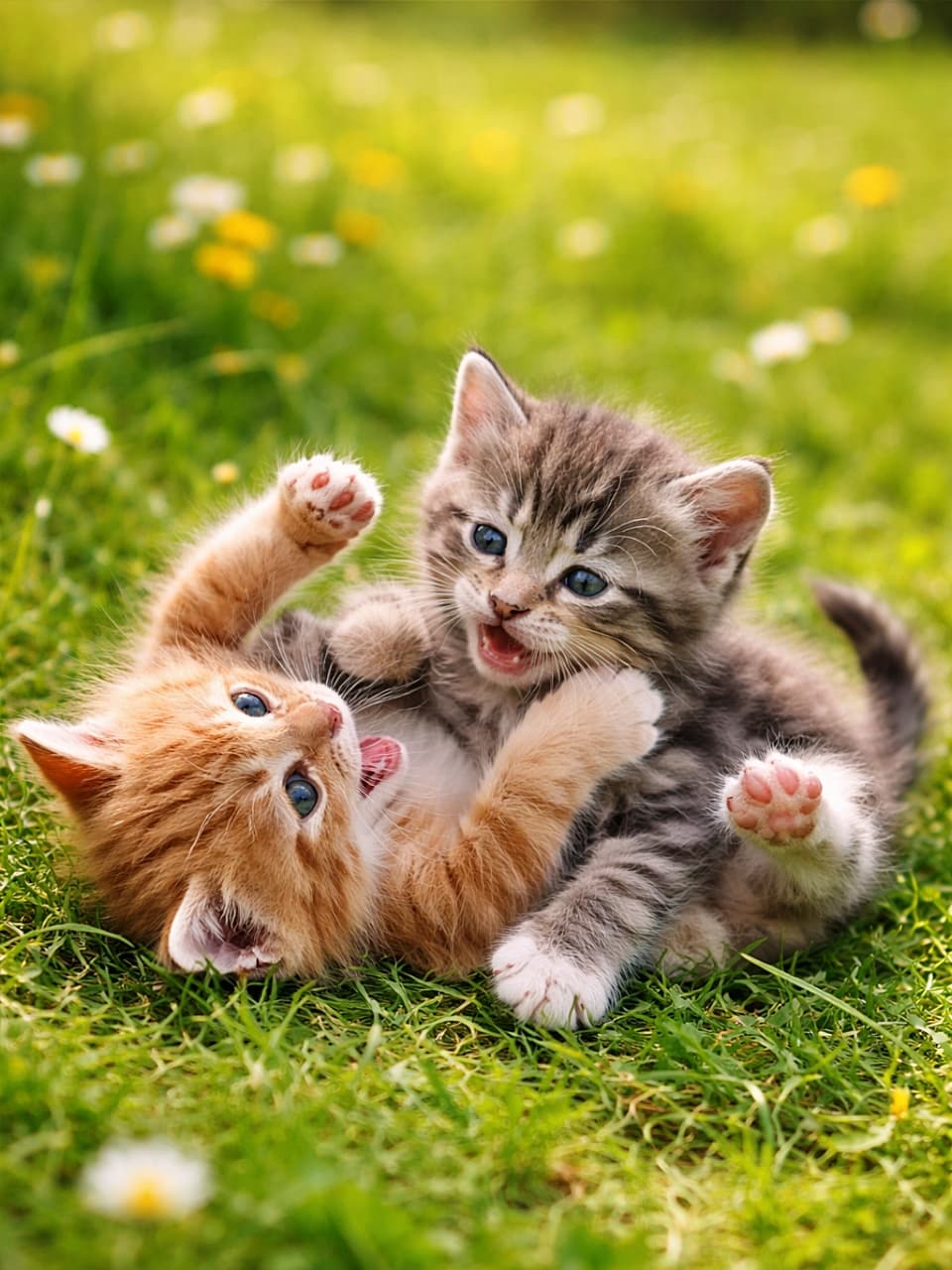 「草原のど真ん中で、勝敗より楽しさ優先。子猫たちの全力じゃれ合いタイム、開幕です」Two playful kittens under eight weeks old wrestling joyfully in a green meadow, rolling on the grass with tangled paws. 生後8週未満の2匹の子猫が、緑の草原の真ん中でじゃれ合いながら転げ回っている様子