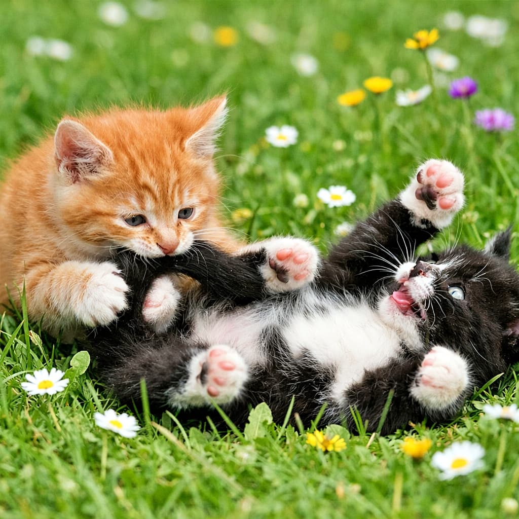 「しっぽは最高のおもちゃ。草の上で転がって、噛んで、全力で遊ぶ子猫たちの一瞬 🐾」Two playful kittens under eight weeks old wrestling in green grass, one gently biting the other’s tail as it rolls on its back among wildflowers. 生後8週未満の子猫2匹が、草原と野花の中でじゃれ合い、1匹がもう1匹のしっぽに甘噛みしている様子