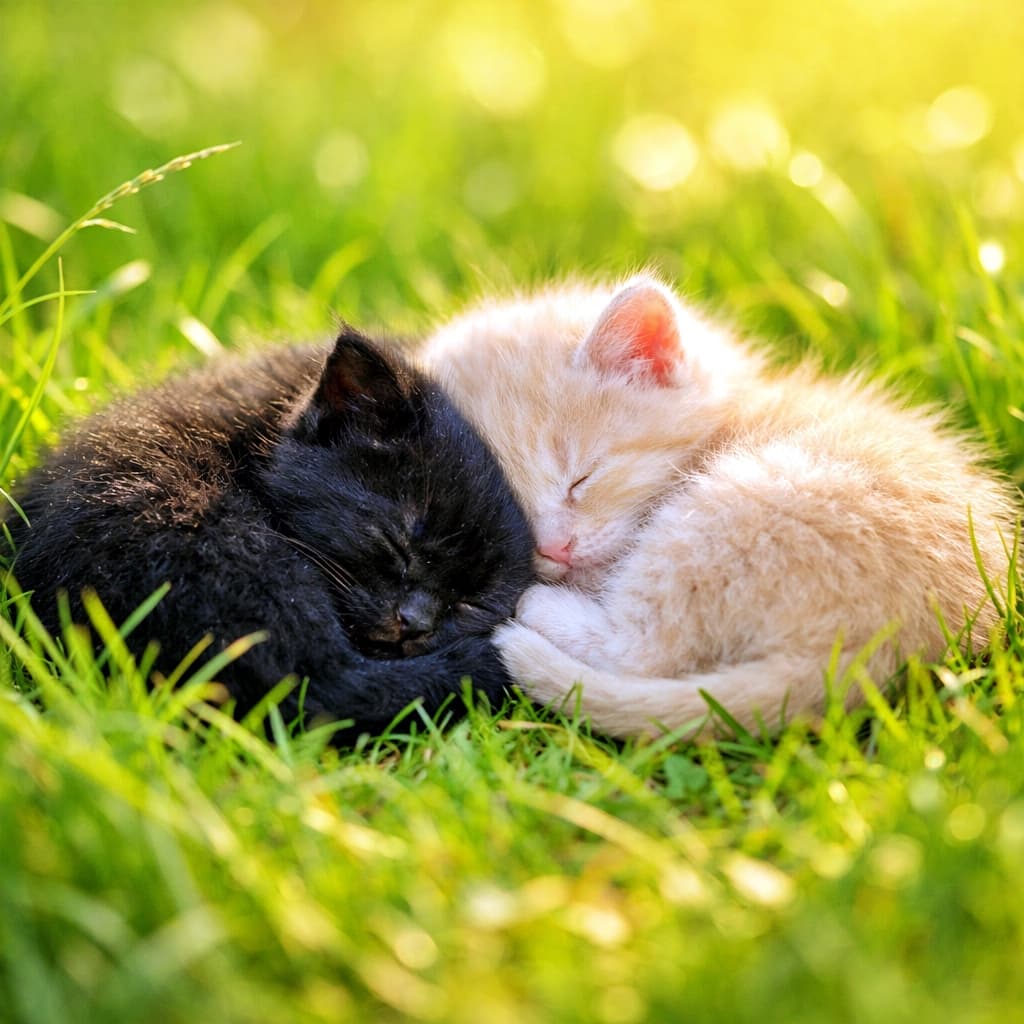 「黒とクリーム、ちいさな幸せがぎゅっと密着。草原でお昼寝中の尊すぎる兄弟（たぶん）」Two tiny kittens, one black and one cream, sleeping curled up together on soft green grass in warm sunlight. 柔らかな緑の草の上で、黒とクリーム色の小さな子猫2匹が寄り添って眠っている様子