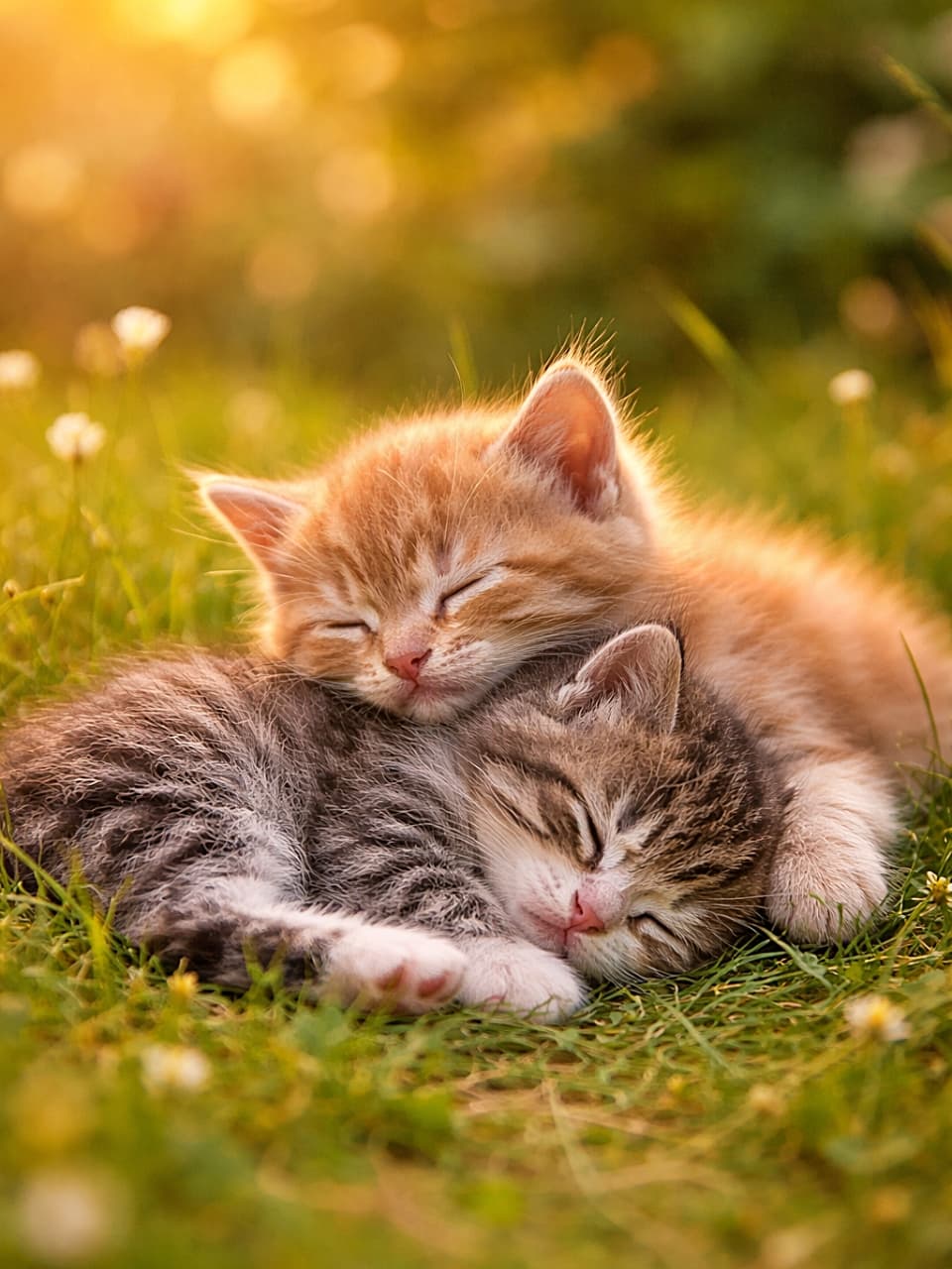 「たっぷり遊んで、電池切れ。草のベッドで重なって眠る、平和すぎる午後」Two exhausted kittens under eight weeks old sleep peacefully in a heap on soft grass, one lying gently on top of the other in warm light. 生後8週未満の2匹の子猫が、柔らかな草の上で重なり合いながら、暖かな光に包まれて穏やかに眠っている