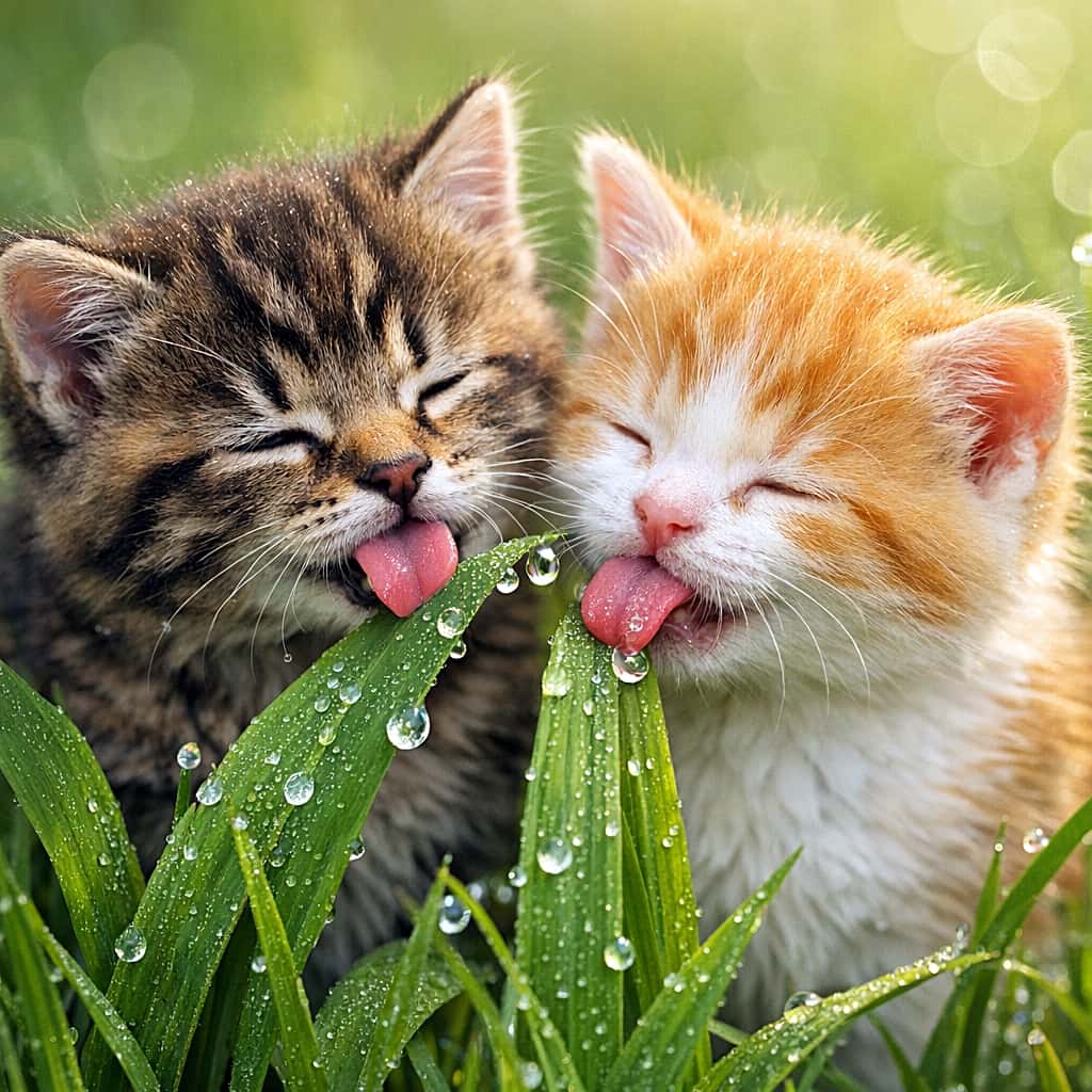 「ん〜冷たくて最高！目を閉じて味わう朝の一滴。キジトラ＆茶白コンビの必死な舌ペロに癒やされて」Close-up of a brown tabby kitten and a ginger-and-white kitten licking water droplets from grass blades with their eyes closed in pure bliss. Detailed dew drops are visible on the green grass. キジトラと茶白の子猫が、目を閉じて幸せそうな表情で草についた大粒の朝露を舐めているクローズアップ写真