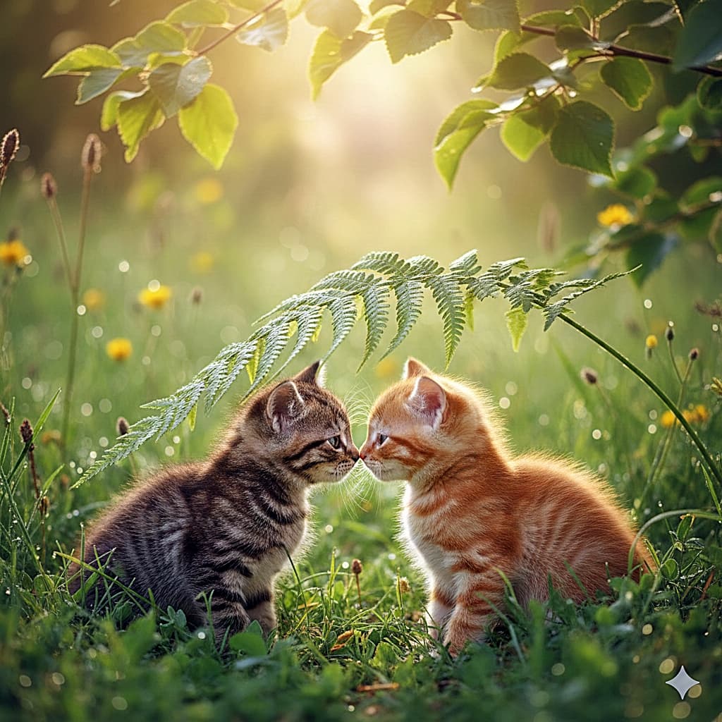 「葉っぱのアーチでロマンチックに鼻ツン🌿 尊すぎるキジトラ＆茶トラのペアに心奪われちゃう〜💖」A natural, soft-focus photo of a tiny tabby kitten and a ginger kitten sitting nose-to-nose under an arching fern leaf. They are in a lush, green meadow with soft sunlight filtering from the top left. アーチ状に伸びたシダの葉の下で、お座りをして鼻をくっつけ合う小さなキジトラと茶トラの子猫。緑豊かな草原の中で、左上から柔らかな日差しが差し込んでいる自然な写真