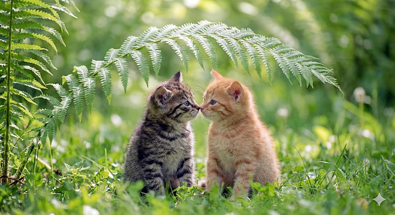 「大きなシダの葉っぱの傘の下で、ナイショの鼻キス🌿✨ キジトラちゃんと茶トラちゃんの仲良しコンビに癒やされる〜💕」A natural, soft-focus photograph of two tiny kittens, one tabby and one ginger, sitting nose-to-nose in a lush green meadow. They are huddled together under a large, prominent fern leaf that acts like an umbrella, with soft sunlight filtering through the vibrant grass. 鮮やかな緑の草原で、向かい合ってお座りし鼻をくっつけ合う小さなキジトラと茶トラの子猫。大きなシダの葉がまるで傘のように2匹をすっぽりと覆っており、木漏れ日が優しく差し込んでいる自然な写真