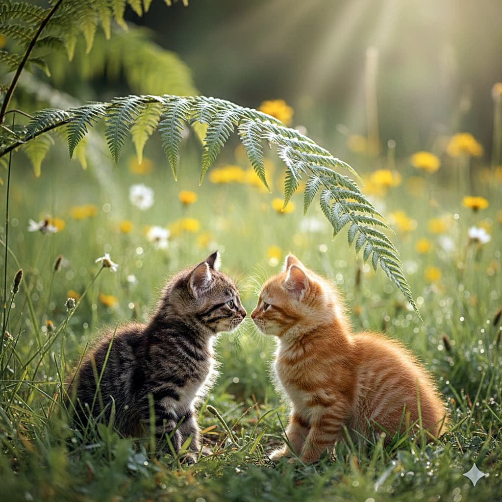 「キジトラちゃんと茶トラちゃんの仲良しコンビ🐾 シダの葉っぱの下で、どんな秘密のお話をしてるのかな？🌻」A soft-focus photograph of two tiny kittens, one tabby and one ginger, sitting nose-to-nose under a large fern leaf. They are in a lush green meadow dotted with yellow wildflowers, illuminated by soft sunlight. キジトラと茶トラの2匹の小さな子猫が、シダの葉の下でお座りをして鼻と鼻を合わせている柔らかな写真。黄色い野花が咲く緑の草原で、優しい日差しに照らされている
