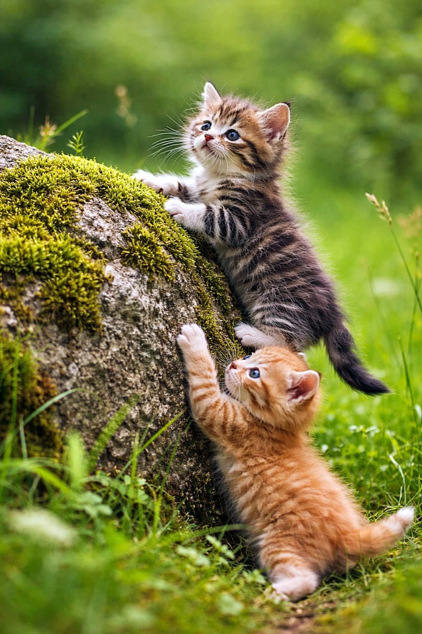 「のぼりたい気持ちは同じ。下からそっと、上へ一歩。小さな協力が、冒険になる」Two tiny kittens in a green meadow try to climb a moss-covered rock, one halfway up and the other pushing from below. 緑の草原で、苔むした岩を登ろうとする生後8週未満の子猫2匹。1匹は途中まで登り、もう1匹は下から押している