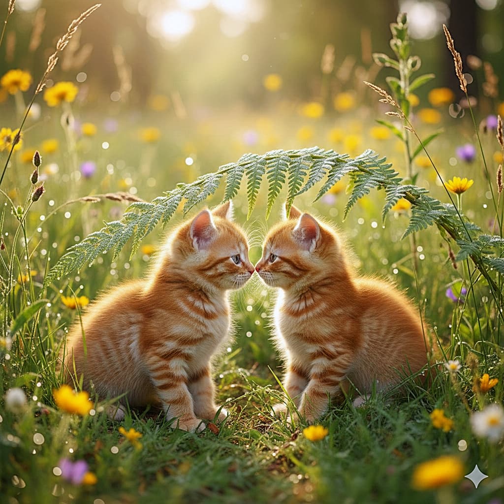 「お花畑で秘密のミーティング🌼✨ ちょこんとお座りして鼻キスする茶トラちゃんたちが天使すぎるっ👼」A natural photograph of two tiny ginger kittens sitting nose-to-nose under a fern leaf in a sunny meadow. The lush green background is filled with small yellow and purple wildflowers bathed in golden sunlight. 日差しの降り注ぐ草原で、シダの葉の下で向かい合ってお座りし、鼻をくっつけ合う2匹の小さな茶トラの子猫。背景には黄色や紫の小さな野花が咲き、黄金色の光に包まれている
